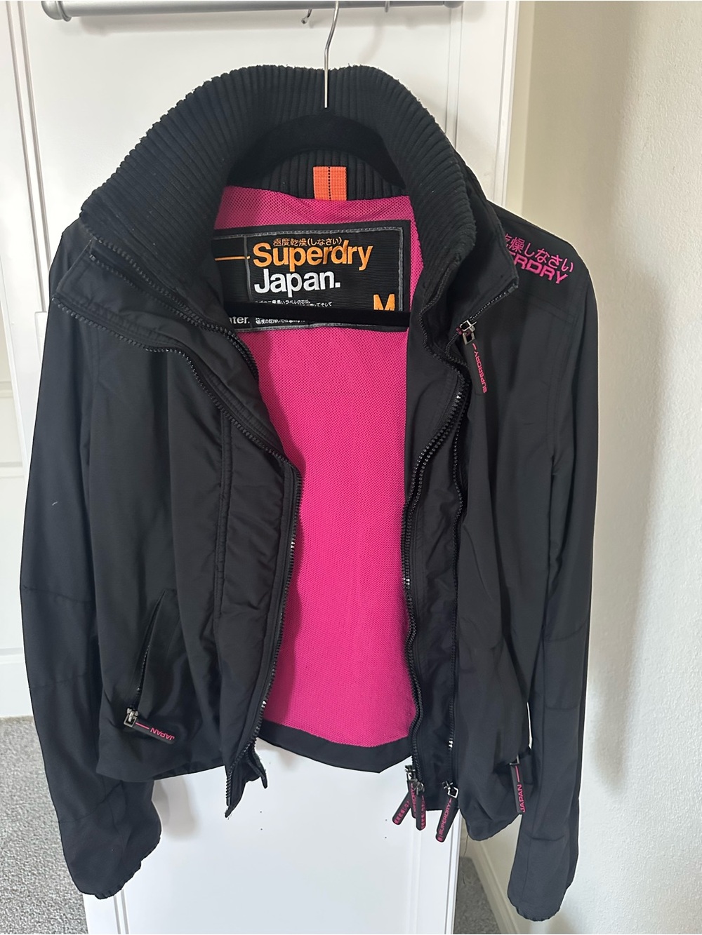 Superdry Women's Black Bomber Jacket with Pink Lining